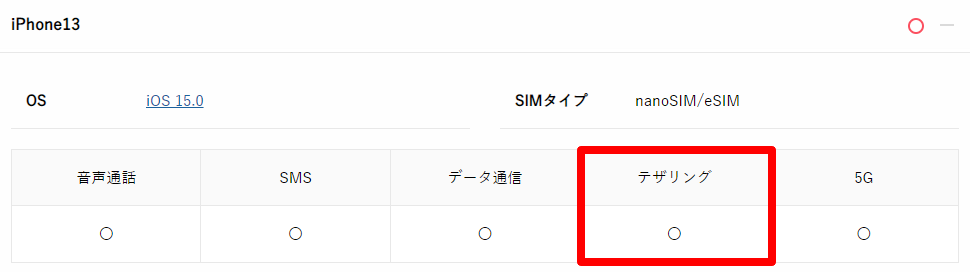 テザリングの利用可否